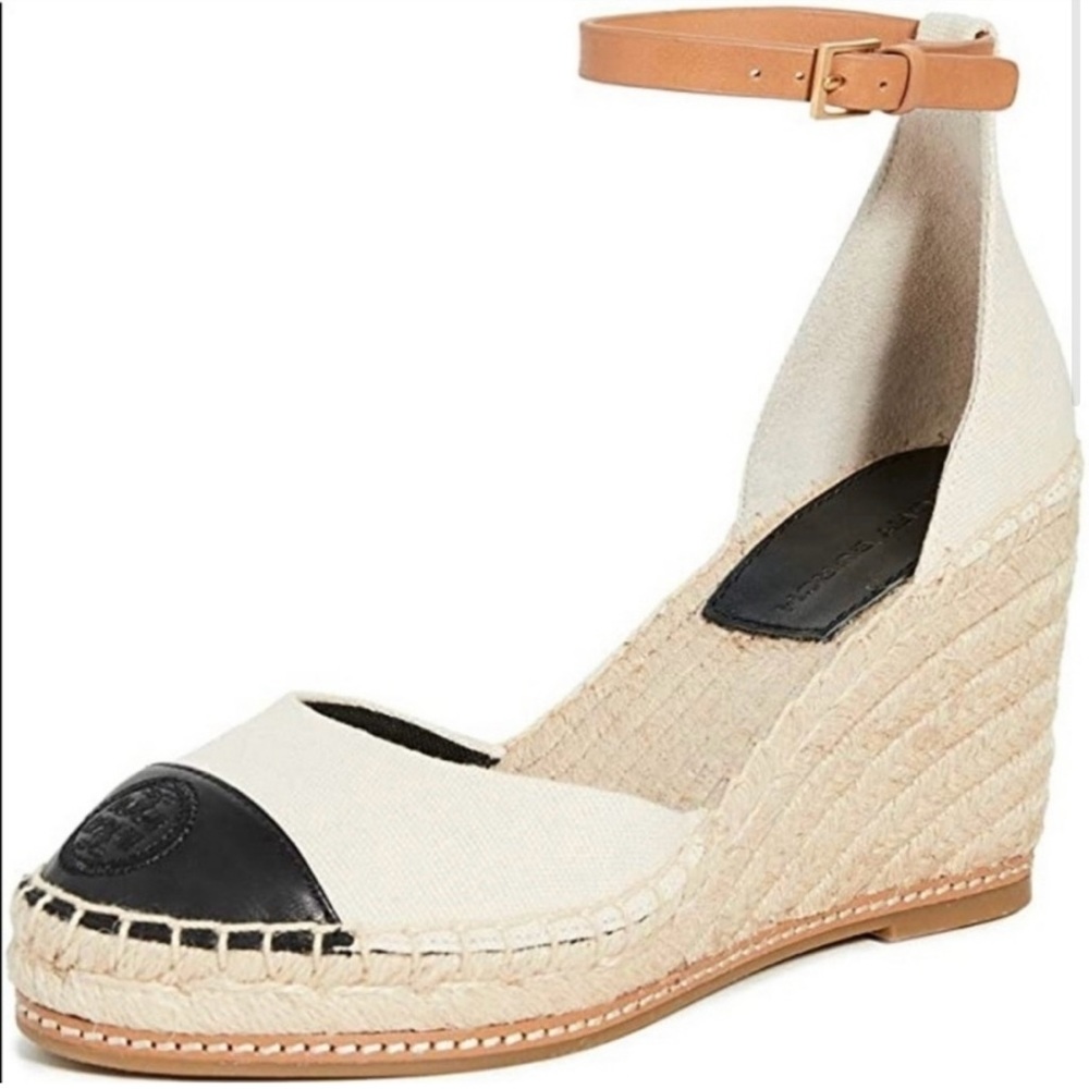 NWT Tory Burch black and white color block 85mm wedge espadrille, size 7.5